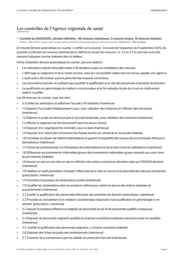 Une page des contrôles de l'ARS : les mesures et leur état